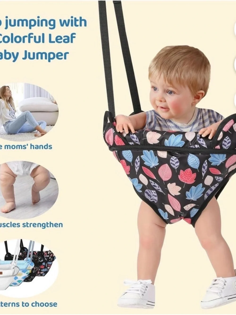 Leaf-Print Baby Doorway Jumper - Black with Pink & Blue Leaves